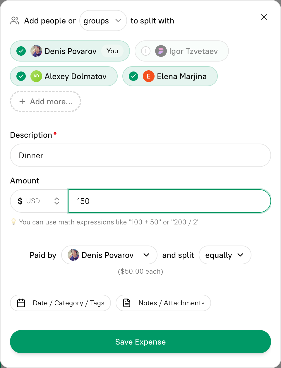 Create expense dialog showing participants, description, amount, and split options