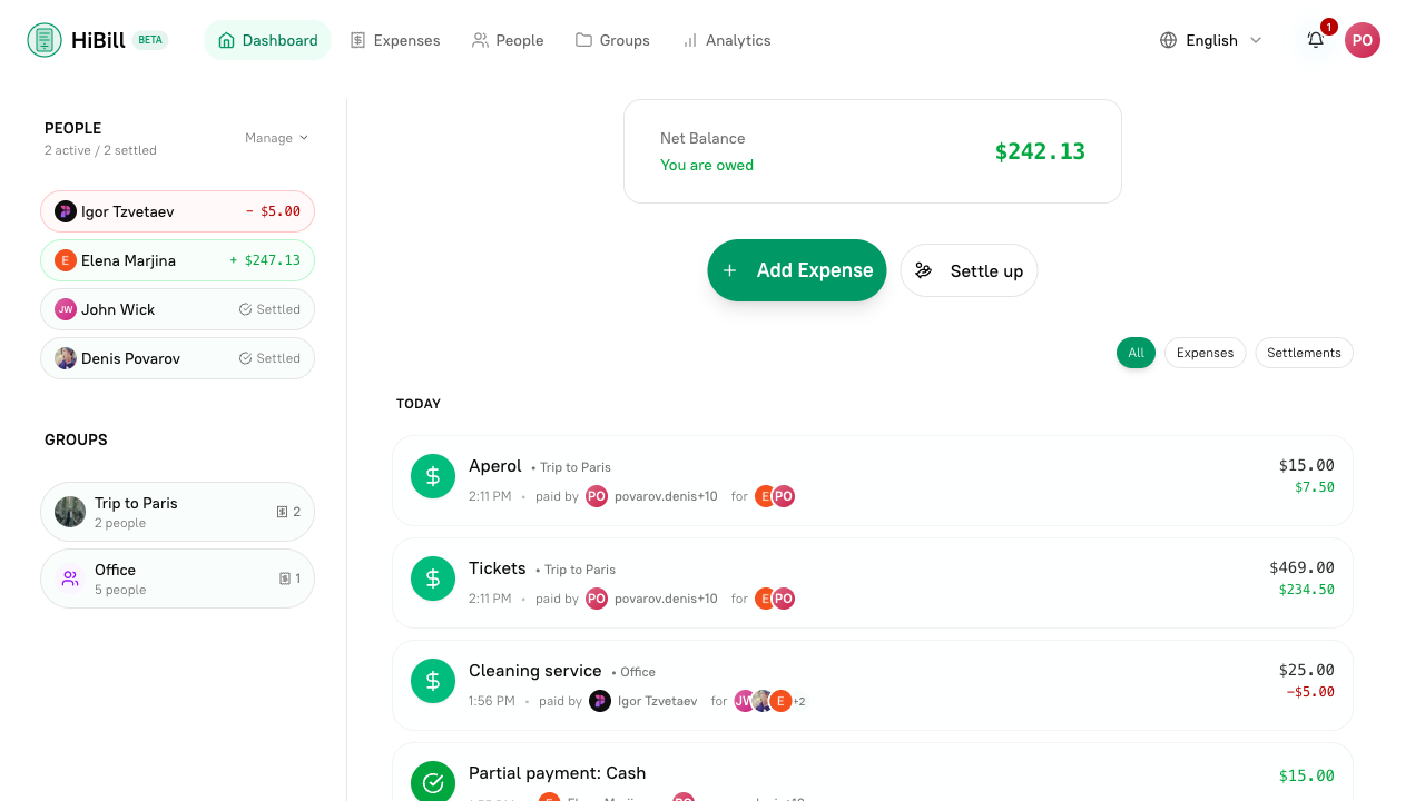 Dashboard - Overview of all balances and recent activity