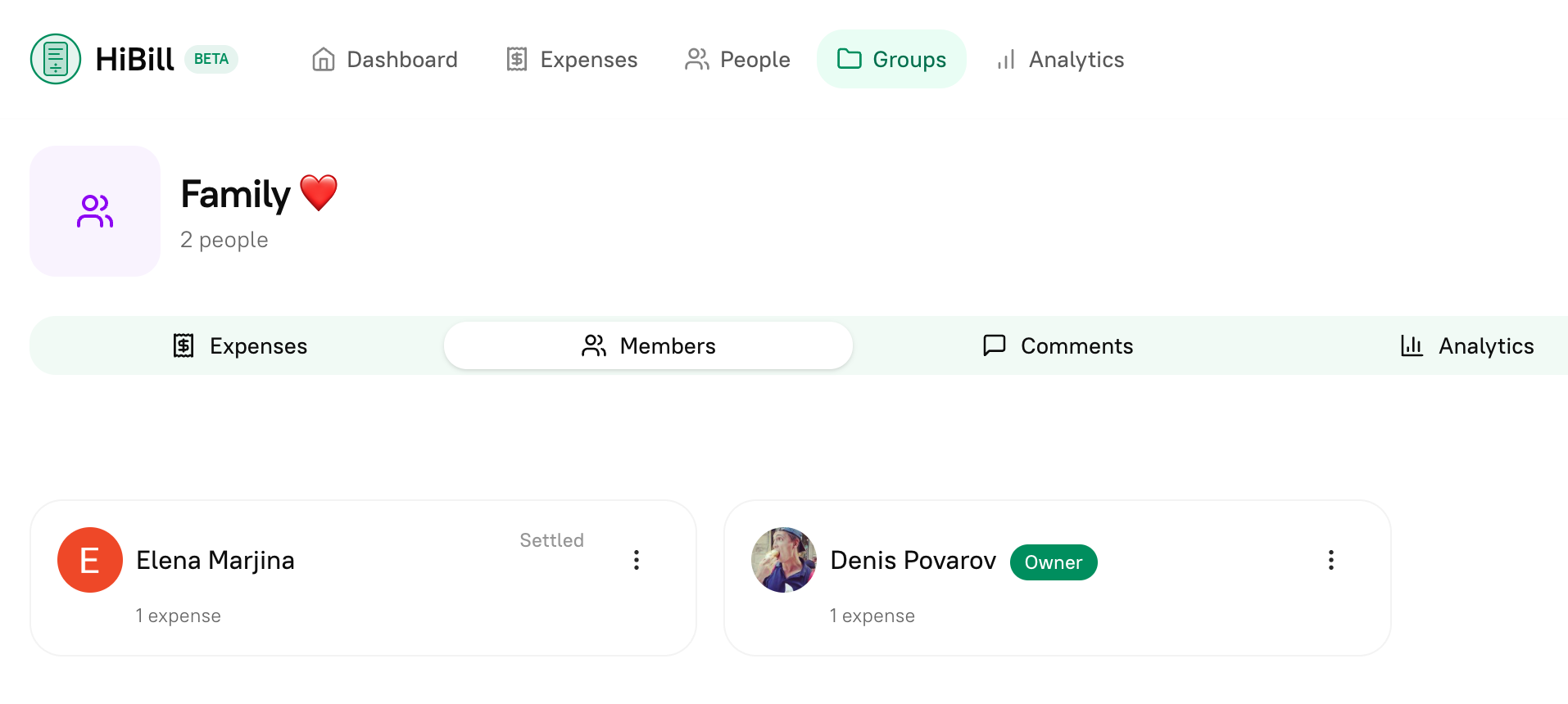 Household group showing expenses for analytics without debt tracking