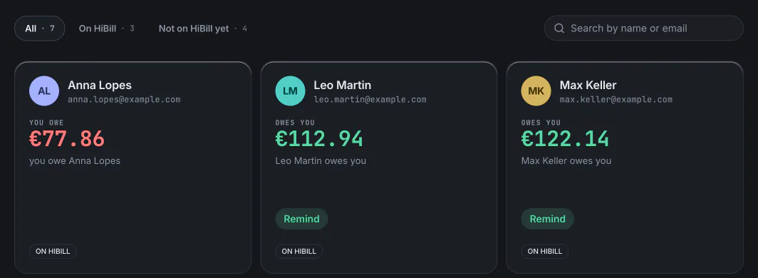 One balance for each person on the home screen, with what they owe you or you owe them