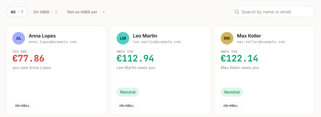One balance for each person on the home screen, with what they owe you or you owe them